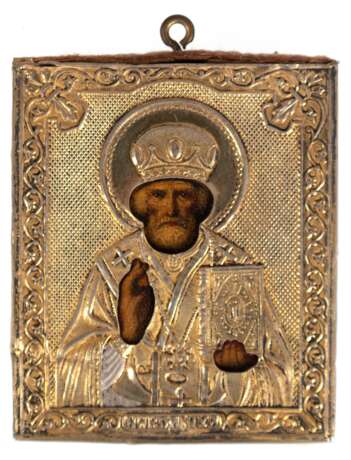 Kleine Ikone "Nikolaus", 84 Zolot. Silberoklad, vergoldet, Rußland, 7x5,8 cm - фото 1