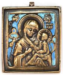 Kleine Reiseikone &amp;quot;Mutter Gottes&amp;quot;, Messing, z.T. farbig emailliert, 5,5x4,8 cm