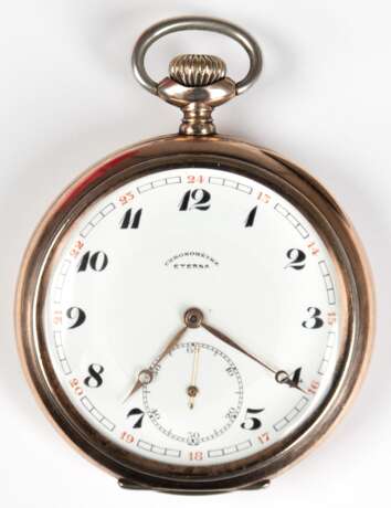 Taschenuhr "Eterna Chronometre", 2 Deckel 800er Silber teilvergoldet, weißes Zifferblatt mit arabischen Zahlen und dezentraler Sekunde, funktionstüchtig, Dm. 5,5 cm - фото 1