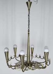 Art-Deco-Deckenlampe, Berlin um 1925, Schwintzer &amp; Graeff, Messing, 6-flammig, H. ca. 50 cm, Dm. ca. 60 cm