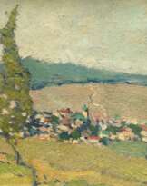 Köhler-Röber, Minna (1883 Reichenbach-1957 Friesen) "Bergstadt Platten Erzgebirge", Öl/ Karton, unsign., rückseitig betitelt und Nachlaßstempel mit WVZ-Nr. 506, min. Farbverluste am Rand, leicht gewölbt, 14,5x19 cm, Rahmen