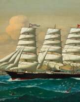 Mohrmann, Johnnes Henry (1857 Estebrügge-1916 Bloomsbury (Kanada) &quot;Kapitänsbild der Isebek&quot;, Öl/ Lw., monogr. u.r. und dat. 1912, 45,5x65 cm, Rahmen (Marinemaler u. Schiffsportraitist, arbeitete als Seemann, Theatermaler u. Rest…