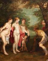 Rubens, Peter Paul (1577 Siegen-1640 Amsterdam) Umkreis/ Werkstatt "Das Urteil von Paris", Öl/ Holz mit Parkettierleiste, unsign., im oberen Bereich Schwundriß, nach dem Motiv der National Gallery in London, Die Darstellung zeigt eine Wal…