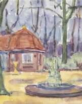 Diener, Rolf (1906 Gößnitz-1988 Hamburg) "Parkansicht mit Brunnen", Aquarell/Papier, sign. u.r., 28,5x40,5 cm, im Passepartout (Maler und Grafiker, seit 1910 in Hamburg ansässig, LK-Schule unter Arthur Illies, fand im Baukreis in Hamburg…