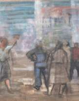 Holtz-Sommer, Hedwig (1901 Berlin- 1970 Wustrow) "Frauen am Versammlungsplatz" und rückseitig "Kapitänsgattin", Öl/ Lw., mit Nachlaßstempel, 62x78,5 cm, Rahmen (Beteiligung an Ausstellungen mecklenburgischer Künstler in Schwe…