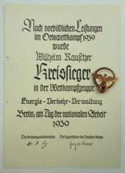 Kreissieger, 1939, mit Urkunde für die Wettkampfgruppe Energie-Verkehr-Verwaltung.
