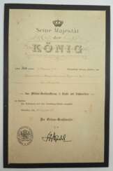 Bayern: Militär-Verdienstkreuz, 3. Klasse mit Schwertern Urkunde für einen Gefreiten d.L. im Reserve-Infanterie-Regiment Nr. 8.