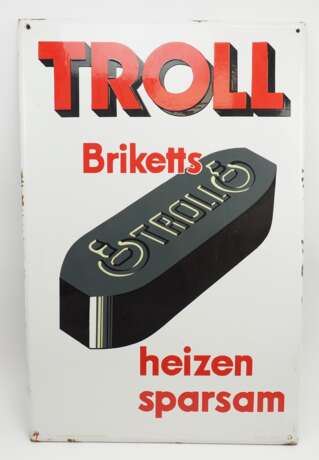 Werbeschild/ Emaillschild: Troll - Briketts, heizen sparsam. - Foto 1