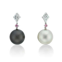 CULTURED PEARL, DIAMOND AND COLOURED DIAMOND PENDENT EARRINGS