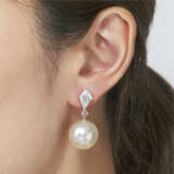 CULTURED PEARL, DIAMOND AND COLOURED DIAMOND PENDENT EARRINGS - фото 3