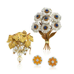 NO RESERVE - BUCCELLATI DIAMOND EARRINGS AND CULTURED PEARL BROOCH; TOGETHER WITH A SAPPHIRE BROOCH