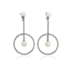 FRED CULTURED PEARL AND DIAMOND PENDENT EARRINGS