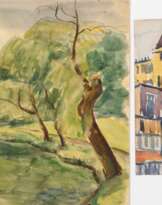 Diener, Rolf (1906 Gößnitz-1988 Hamburg) "Landschaft mit Brücke über den Fluß", Aquarell, rückseitig Nachlaßstempel, 27,5x42 cm, ungerahmt und "Stadtansicht", Aquarell, sign. u.r., 20x27 cm, im Passepartout, ungerahmt (Male…