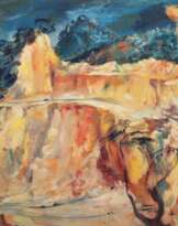 Kohlhoff, Wilhelm (1893 Berlin-1971 Schweinfurt) "Landschaftsskizze", Öl/ Lw., unsign., rückseitig WVZ-Nr. 349 Ö, kl. Riß im oberen Bereich, Rand doubliert, 69,5 x 79 cm, Rahmen (Maler und Grafiker, war einer der zentralen Kün…