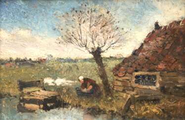 Dankmeyer, Charles (1861 Amsterdam-1922 Den Haag) &quot;Bauernhaus mit Bäuerin auf einem Holzsteg&quot;, Öl/ Holz, 18x25 cm, undeutl. sign. u.l. und rückseitig deutlich sign., 18x25 cm, Rahmen (Er war ein niederländischer Landschaftsmaler und Rad…