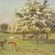 Nielsen, Knut Reinholdt (1891 Aarhus-1984 Kopenhagen) &quot;Rotwild auf einer Lichtung unter blühenden Bäumen&quot;, Öl/Lw., sign. u.r., 39x56 cm, Rahmen - Prix ​​des enchères