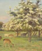 Рейнхольдт Нильсен. Nielsen, Knut Reinholdt (1891 Aarhus-1984 Kopenhagen) &quot;Rotwild auf einer Lichtung unter blühenden Bäumen&quot;, Öl/Lw., sign. u.r., 39x56 cm, Rahmen