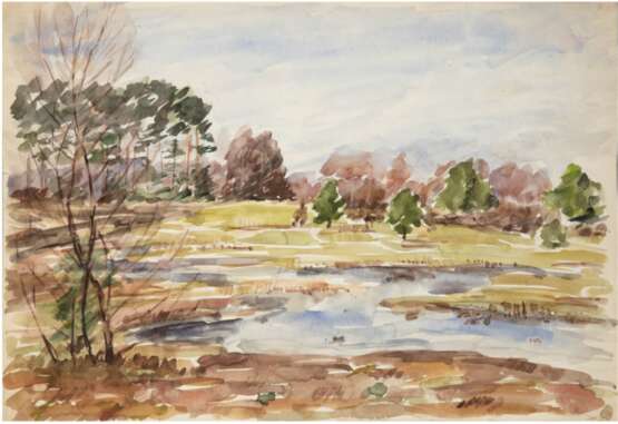 Diener, Rolf (1906 Gößnitz-1988 Hamburg) "Herbst", Aquarell, rückseitig Nachlaßstempel, am linken Rand rep., 32x46,5 cm (Maler und Grafiker, seit 1910 in Hamburg ansässig, LK-Schule unter Arthur Illies, fand im Baukreis in Hamburg in e… - Foto 1