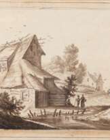 Witt, Maria Charlotte (norddeutsche Künstlerin des frühen 19. Jahrhunderts) &quot;Personen vor reetgedecktem Bauernhaus am Bachlauf&quot;, Zeichnung, monogr. u.r. und undeutl. bez., Blatt gebräunt und leicht stoc…