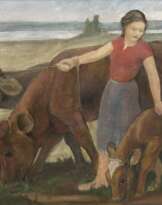 Schrimpf, Georg (1889 München-1938 Berlin) Umkreis "Bäuerin mit ihren Kühen auf der Weide", Öl/ Pappe, unsign., 79x120 cm, Rahmen