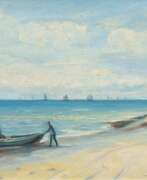 Кристиан Ларсен. Larsen, Christian (Maler um 1900) &quot;Fischerboot am Strand&quot;, Öl/ Lw., sign. u.l., 32x50 cm, Rahmen