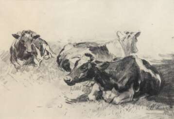 Wolf, Georg (1882 Düsseldorf-1962 Uelzen) &quot;Kühe auf der Wiese liegend&quot;, Zeichnung, unsign., 21x30 cm, im Passepartout hinter Glas und Rahmen