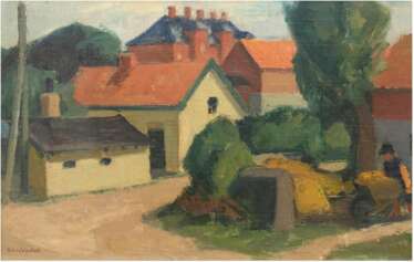 Löndal, Eiler (1887-1971) &quot;Dänische Dorfszene&quot;, Öl/Lw., sign. u.l., 40x60 cm, Rahmen