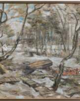 Malskat, Lothar (1912 Königsberg-1988 Lübeck) "Winterliche Insel im Deepenmoor", Pastell, sign. u.l. und dat. 1955, bez. u.r., 64x50 cm, hinter Glas und Rahmen (nach dem Studium in Königsberg für den Restaurator D. Fey tätig, in desse…