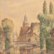 Heuberger-Laporte, L. (20. Jh.) &quot;Stadt mit Kirche am Fluß&quot;, Aquarell, sign. u.r., 40x30 cm, hinter Glas im Passepartout und Rahmen - Аукционные цены