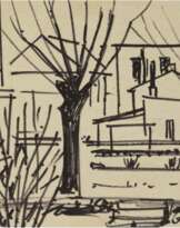 Diener, Rolf (1906 Gößnitz-1988 Hamburg) "Kleinstadt im Herbst", Filzstift/Papier, sign. u.r., 28x40,5 cm, im Passepartout (Maler und Grafiker, seit 1910 in Hamburg ansässig, LK-Schule unter Arthur Illies, fand im Baukreis in Hamburg in …
