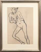 Kother, Paul (1878 Leipzig-1963 Weimar) "Männlicher Akt", Zeichnung,unsign. rückseitig WVZ-Nr. Z105, 22,5x33 cm, im Passepartout hinter Glas und Rahmen (Er besuchte von 1894 bis 1896 die Leipziger Kunstakademie und anschließend bis 1898 …