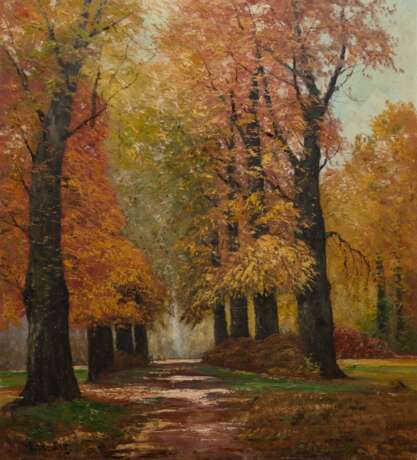 Reuter, Wilhelm (1859 Karlsruhe-1937 Nürnberg) "Herbstlicher Park", Öl/Lw, sign. u.l., rückseitig bez. und dat. 1936, 80,5x70 cm, ungerahmt - photo 1
