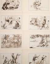 Schubert, Otto (1892-1970 Dresden) Konvolut von 10 Sepiazeichnungen, verschiedene Szenen, sign., je 21,5x31 cm, im Passepartout