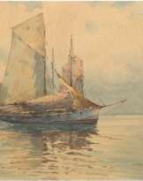 Clausen, Helmut (1913 Hamburg-1963 Timmendorfer Strand) "Fischerboote auf ruhigem Gewässer", Aquarell, sign. u.l., 36x47 cm, im Passepartout und Rahmen
