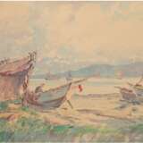 Clausen, Helmut (1913 Hamburg-1963 Timmendorfer Strand) "Fischerboote am Ufer", Aquarell, sign. u.l., 36x47 cm, im Passepartout und Rahmen - фото 1