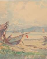 Clausen, Helmut (1913 Hamburg-1963 Timmendorfer Strand) "Fischerboote am Ufer", Aquarell, sign. u.l., 36x47 cm, im Passepartout und Rahmen