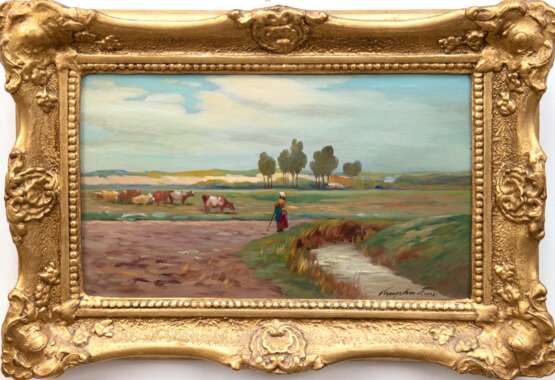 Krupka, Ferenc (1870-1928) "Kühe mit Hirtin auf der Weide", Öl/ Karton, sign. u.r. und dat. 1923, 20x32,5 cm, Rahmen - Foto 1