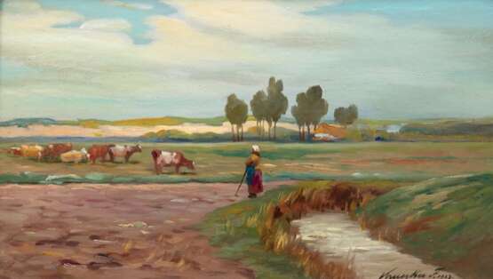 Krupka, Ferenc (1870-1928) "Kühe mit Hirtin auf der Weide", Öl/ Karton, sign. u.r. und dat. 1923, 20x32,5 cm, Rahmen - Foto 2