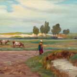 Krupka, Ferenc (1870-1928) "Kühe mit Hirtin auf der Weide", Öl/ Karton, sign. u.r. und dat. 1923, 20x32,5 cm, Rahmen - photo 2