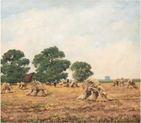 Coune, Jean &quot;Sommerliche Landschaft mit Getreidehocken&quot;, Öl/Lw., undeutl. sign. u.r., 70x78 cm, Rahmen