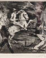 Partikel, Alfred (1888 Goldap/Ostpreußen - 1945 Ahrenshoop) "Reiterszene", Radierung, sign. u.r., 9,5x13 cm, im Passepartout hinter Glas und Rahmen (Er war Mitglied der Freien Secession und im Deutschen Künstlerbund. Seine Werke finden i…