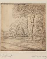 Partikel, Alfred (1888 Goldap/Ostpreußen - 1945 Ahrenshoop) "Weibliche Akte unter Bäumen", Radierung, sign. u.r., 10x9 cm, im Passepartout hinter Glas und Rahmen (Er war Mitglied der Freien Secession und im Deutschen Künstlerbund. Seine…