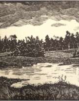 Wilhelm Julius Ludwig Grunert (1891 Lehrte- 1963 Hamburg) "Landschaft in Ostpreußen", Holzschnitt, handsign. u.r., Ortsbez. u.l., im Druck monogr. u.l., Rand beschäd., 32x39,5 cm, Blatt 37,5x45,5 cm, (Grunert war Maler, Zeichner, Grafik…