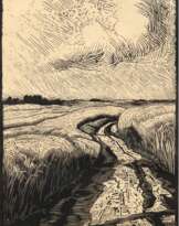 Hennemann, Karl (1884 Waren-1972 Schwerin) "Feldweg im Getreidefeld", Holzschnitt, sign. u.r., Blattgröße 23x16,5 cm, hinter Glas (gerissen) und Rahmen