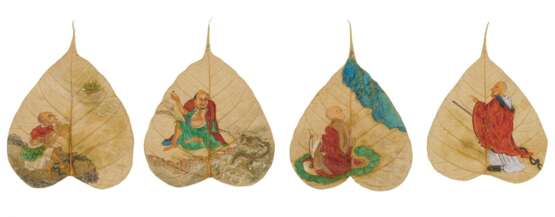 Vier außergewöhnliche, mit Luohan bemalte Bodhibaumblätter - photo 1