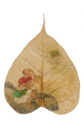 Vier außergewöhnliche, mit Luohan bemalte Bodhibaumblätter - photo 2