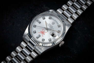 ROLEX, DAY-DATE REF. 18039 'KHANJAR', A RARE WHITE GOLD WRISTWATCH WITH DIAMOND HOUR MARKERS AND NATIONAL SYMBOL OF OMAN