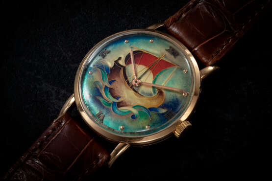 PATEK PHILIPPE, A RARE ROSE GOLD MANUAL-WINDING WRISWATCH WITH CLOISONNÈ ENAMEL DIAL - фото 1