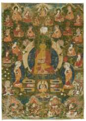 Thangka des Buddha Shakyamuni mit den 16 Arhat