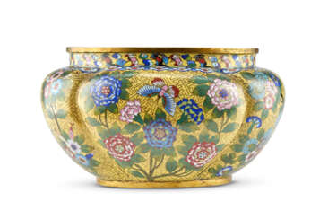 A cloisonné jardiniere with flowers and butterfly decoration